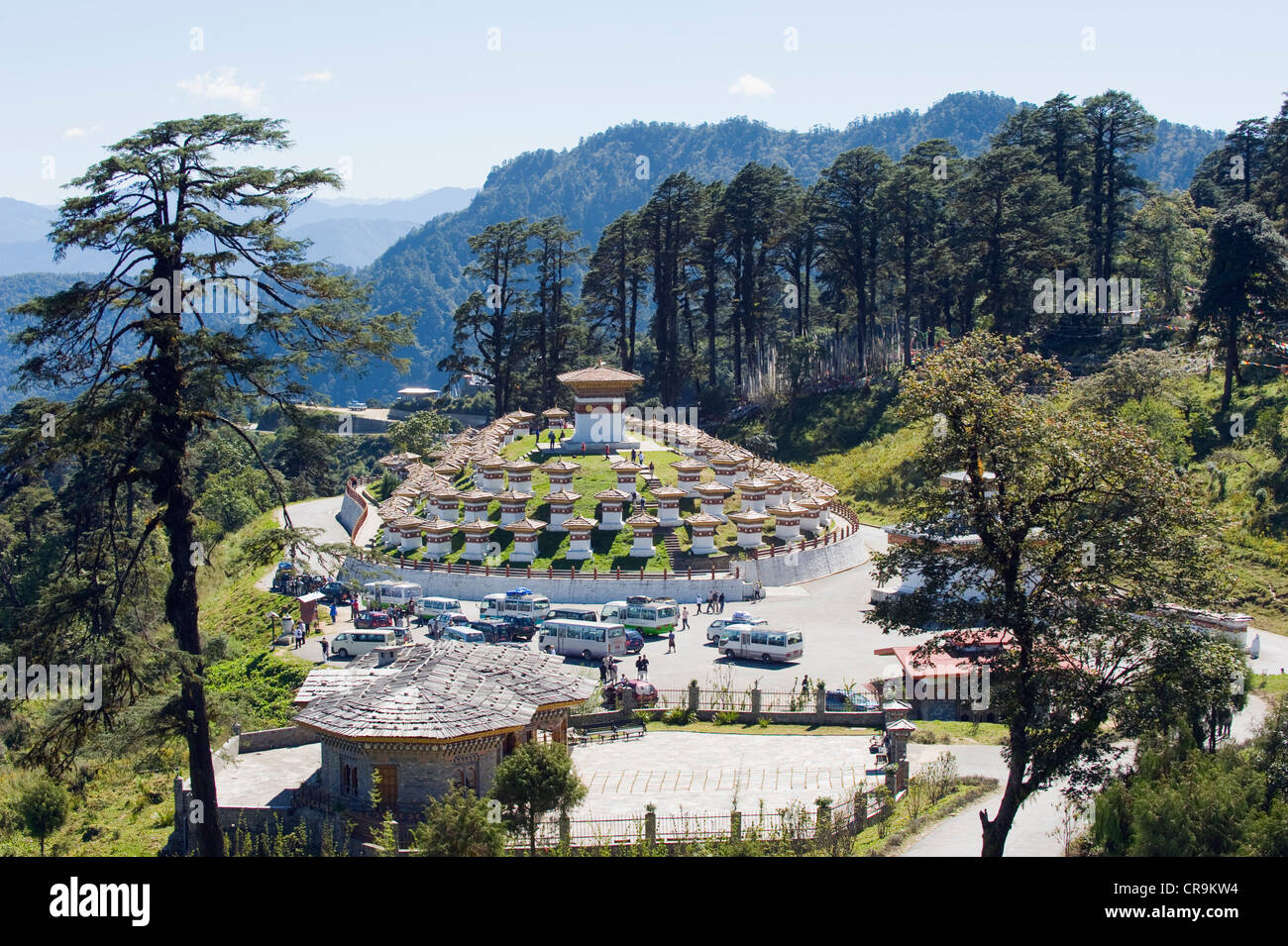 site of 108 chortens built in 2005 to commemorate a battle with militants, Dochu La pass (3140m), Bhutan, Asia Stock Photo