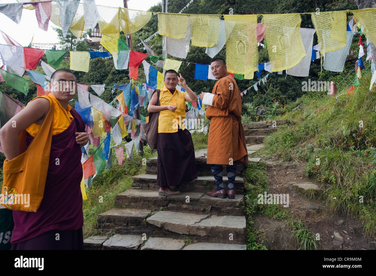 monks at the Tigers Nest, Taktshang Goemba, Paro Valley, Bhutan, Asia Stock Photo