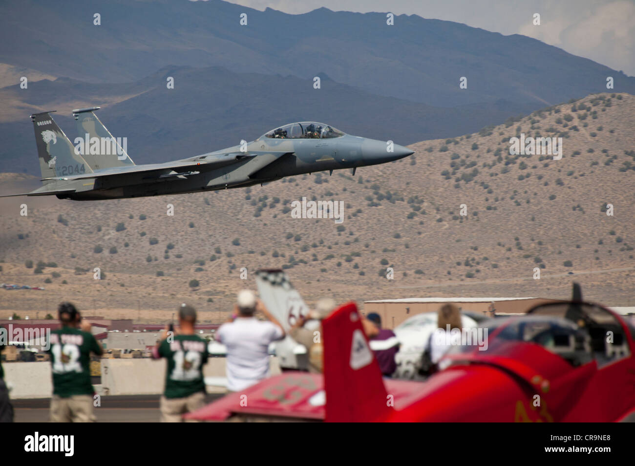 An F-15 Strike Eagle flying at the 2011 National Championship Air Races in Reno Nevada Stock Photo
