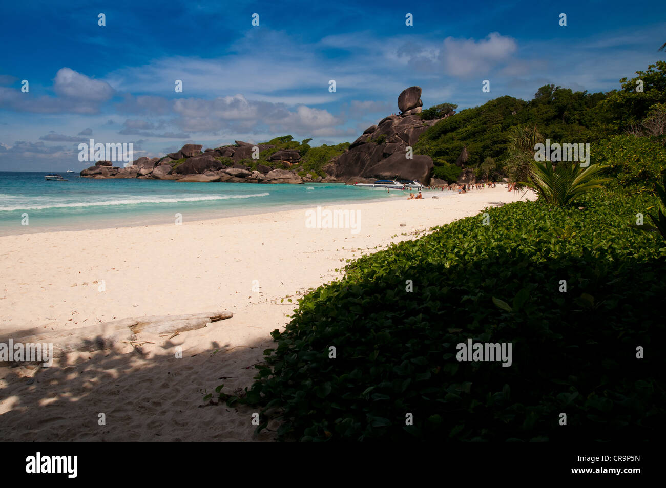 Similan Island panorama with sail rock and white sand beach Stock Photo