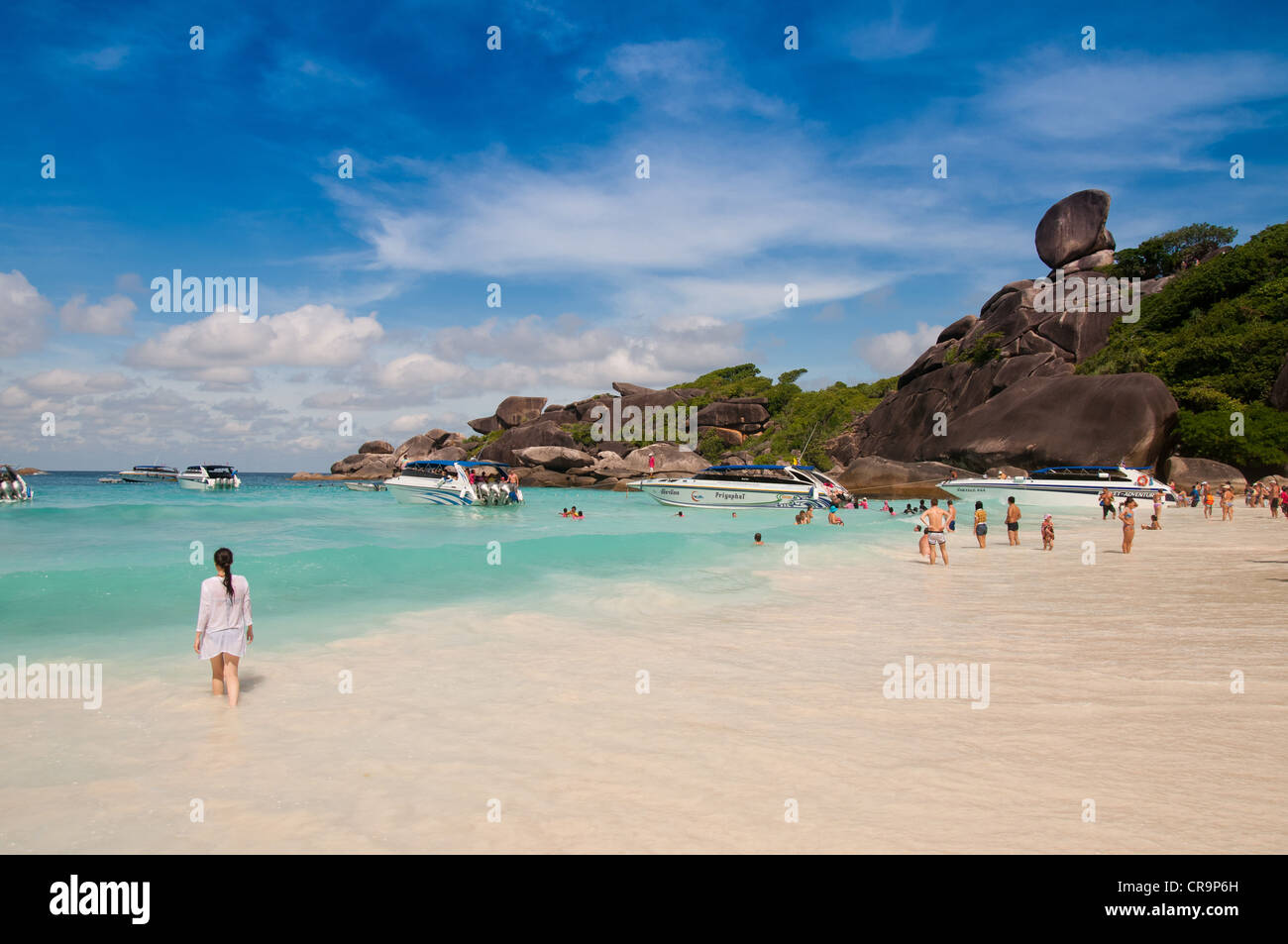 Similan Island #8 with sail rock and white sand beach Stock Photo