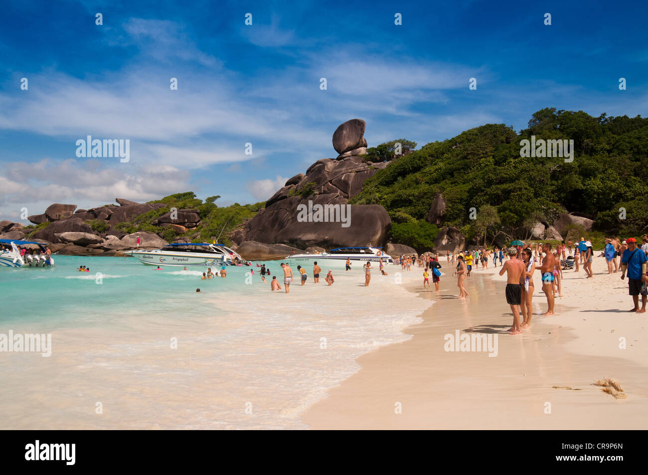 Similan Island #8 with sail rock and white sand beach Stock Photo