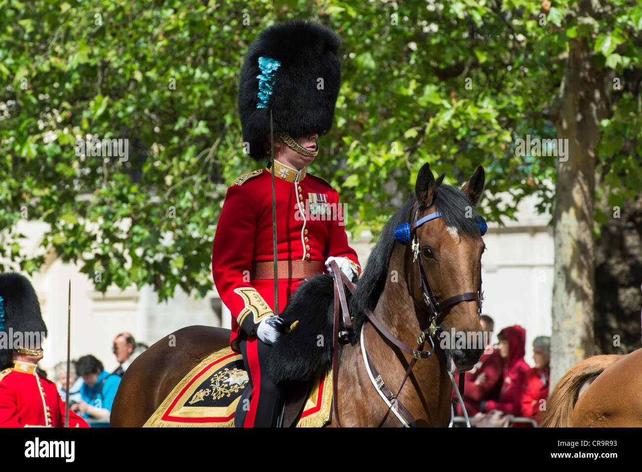1st battalion Irish guards officer on horseback in the Mall for Trooping The Colour. The Mall, London, UK. Stock Photo