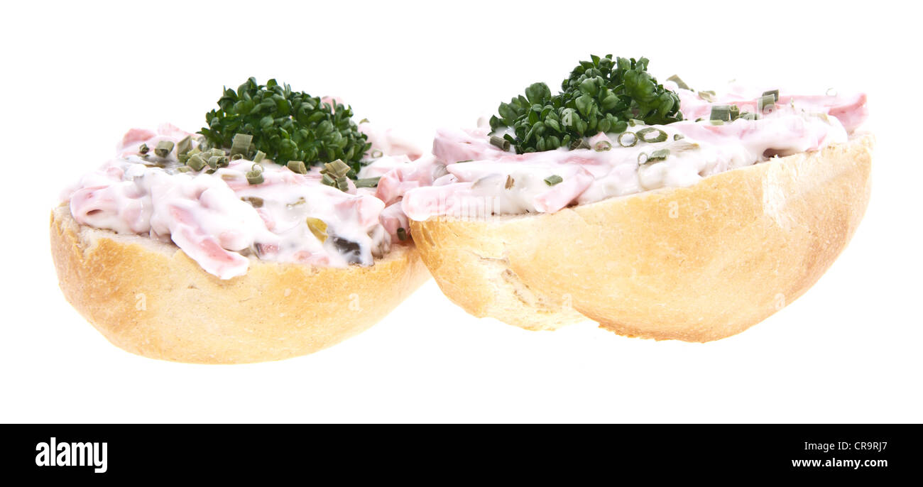 Roll with fresh meat salad isolated on white (with clipping paths) Stock Photo