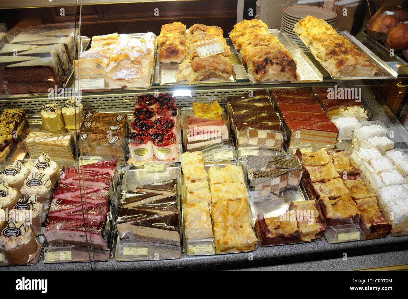 Austrian Cakes And Pastries In A Food Display Cabinet In A Cafe