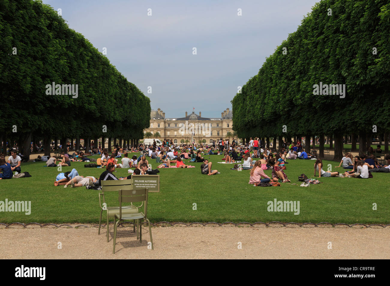 The 60 acre Luxembourg Gardens are the most popular in Paris. Parisians and visitors enjoy the lawns on a sunny day in June. Stock Photo