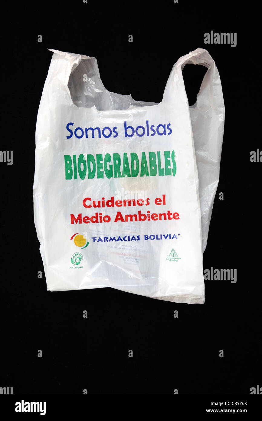 Biodegradable plastic bag provided by Farmacias Bolivia, a Bolivian pharmacy company that owns many chemist shops Stock Photo