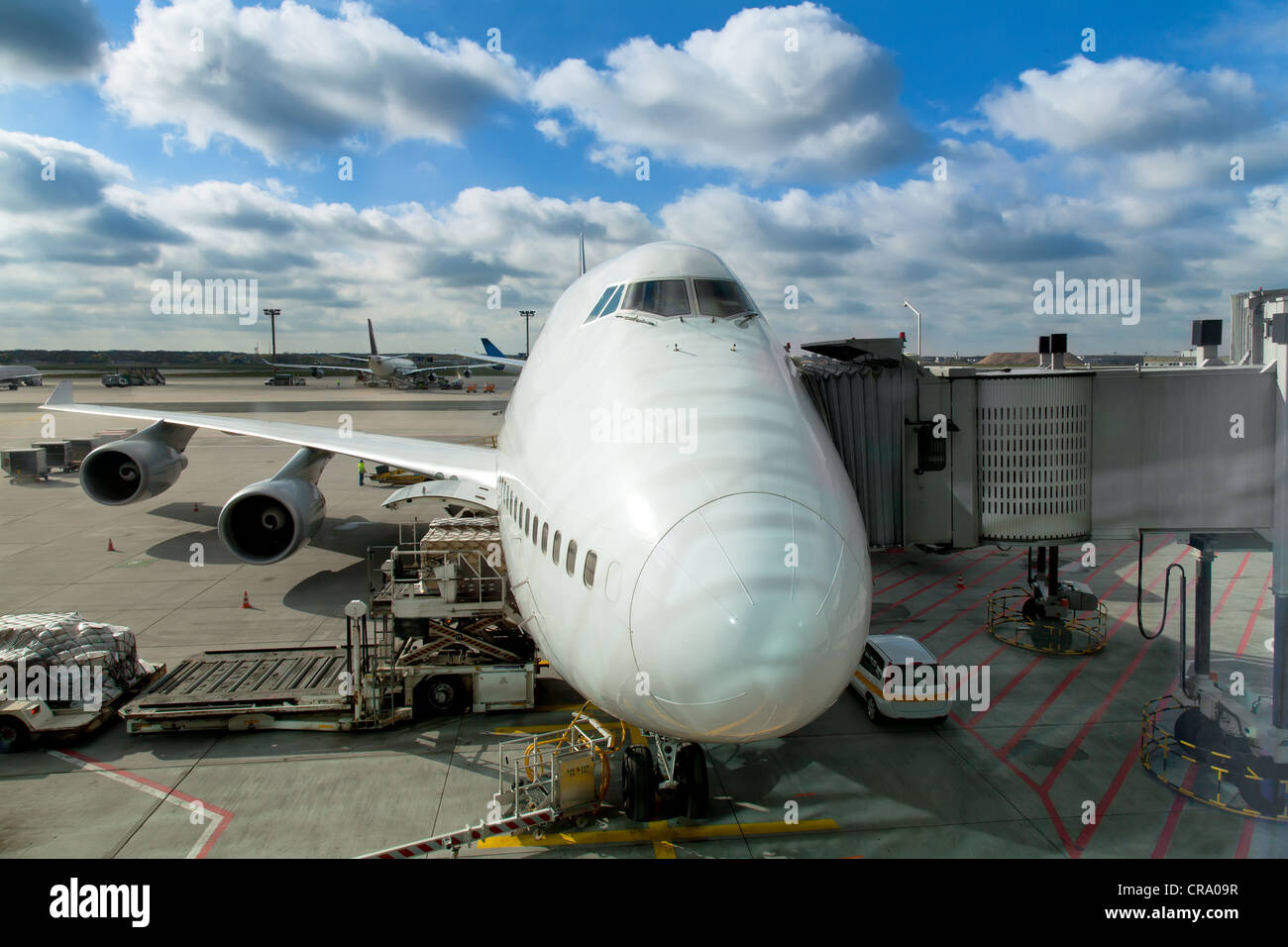 Aircraft on the airfield prepairing for the flight and loading cargo ...