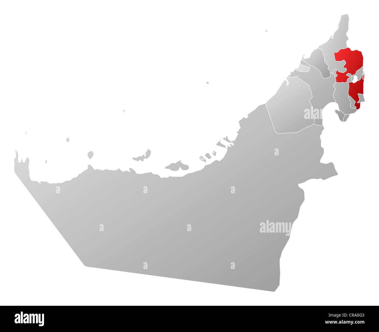 Political map of the United Arab Emirates with the several emirates where Fujairah is