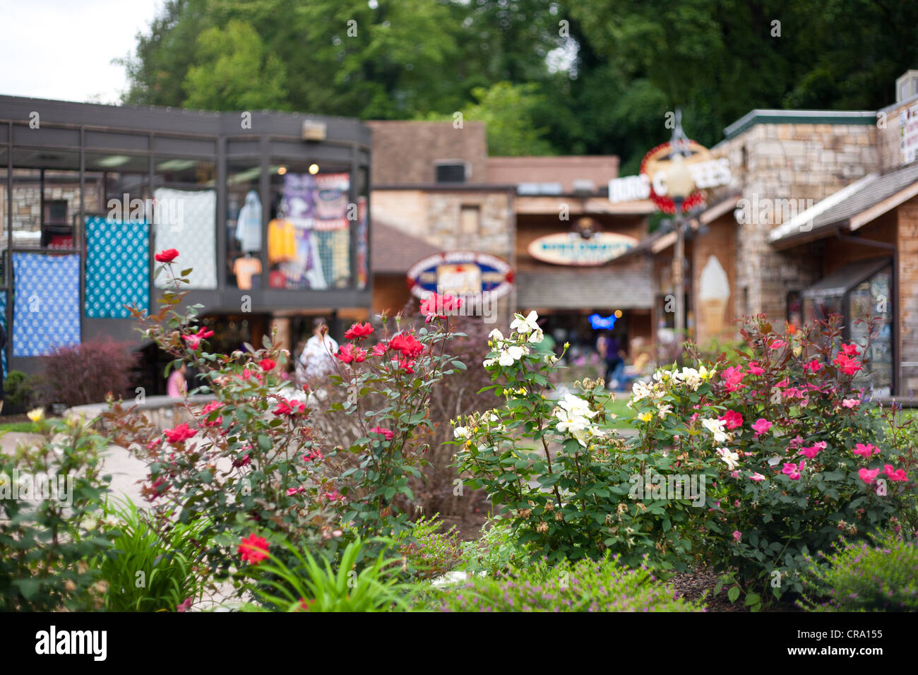 Landscaped flower beds at an outdoor shopping area in Gatlinburg