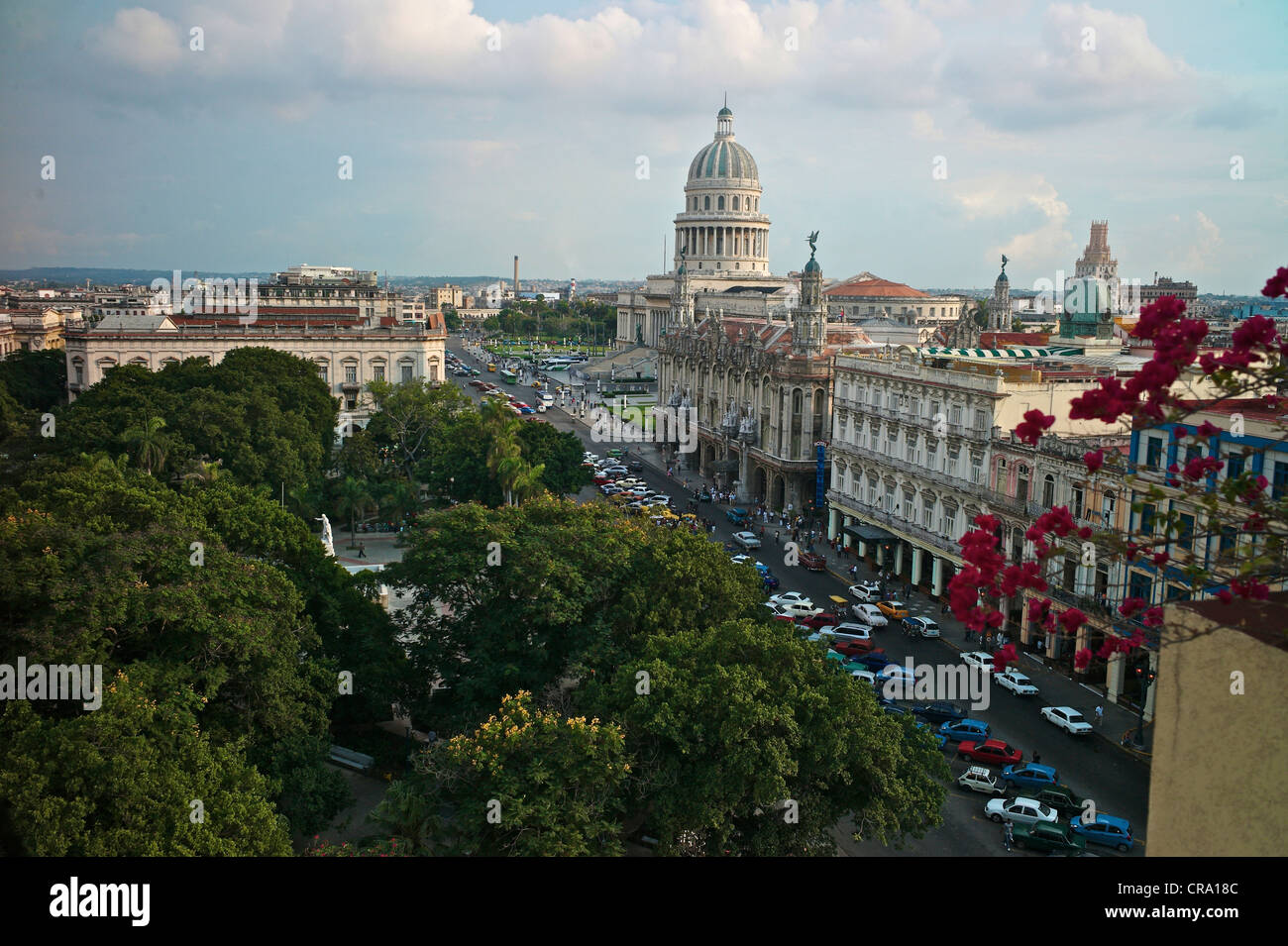 Views from El Parque Central and El Capitolio in Old Havana, including Hotel Inglaterra, Hotel Telegrafo and the Gran Teatro Stock Photo