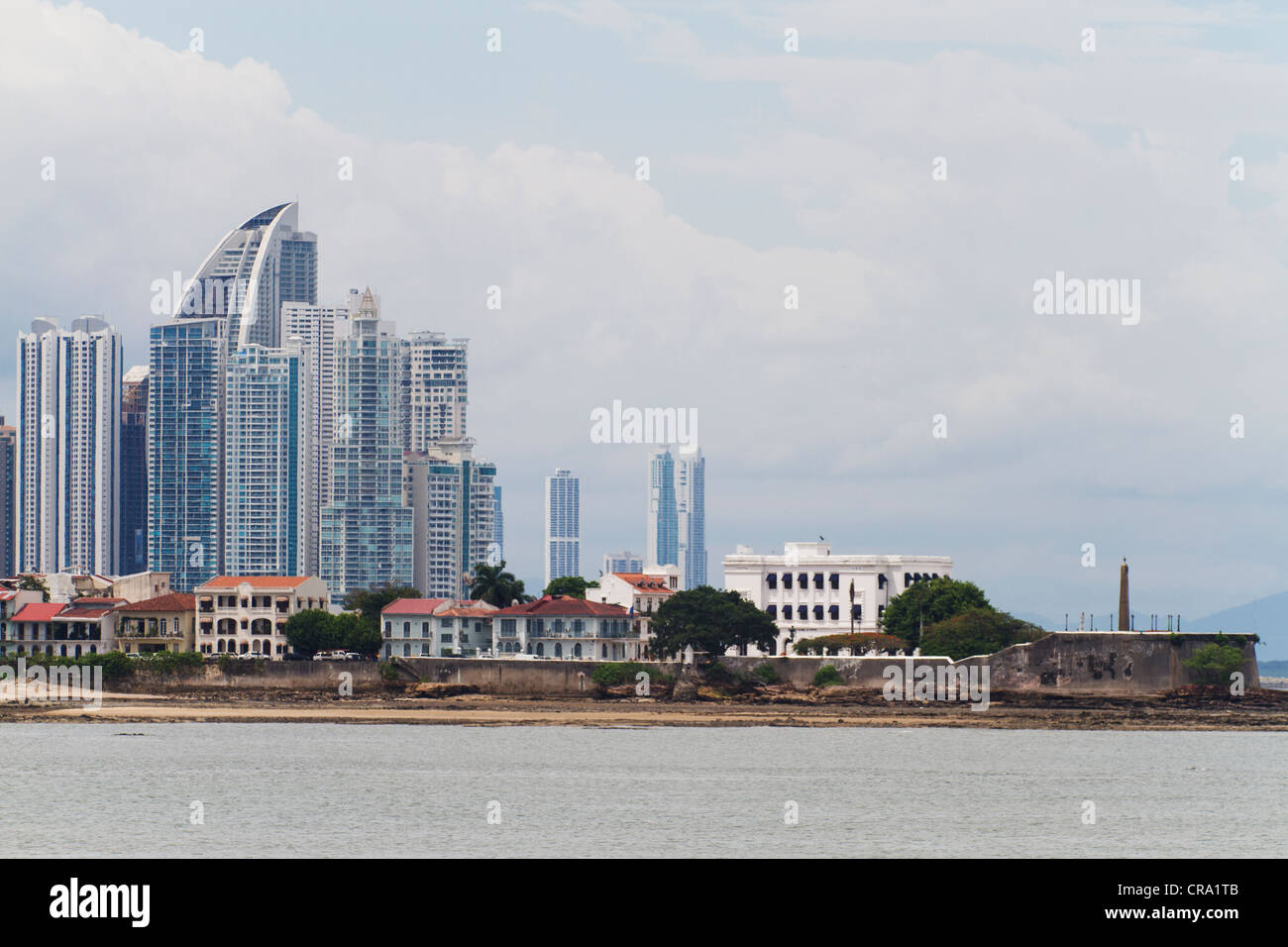 Old Quarter skyline with modern Panama City skyline as a backdrop. Republic of Panama, Central America Stock Photo