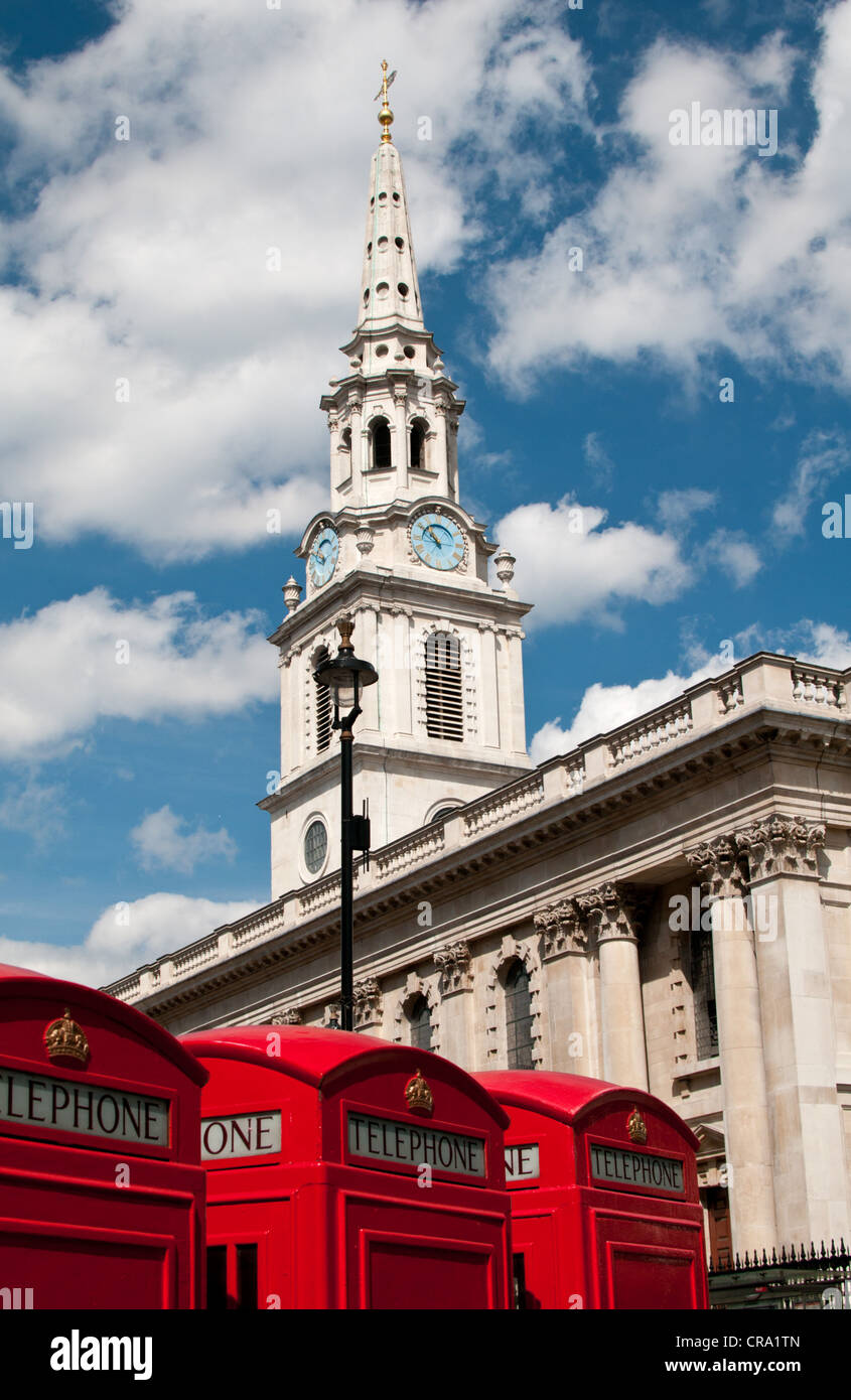 Red London telephone boxes by St-Martins-in-the-Fields, London, UK. Stock Photo