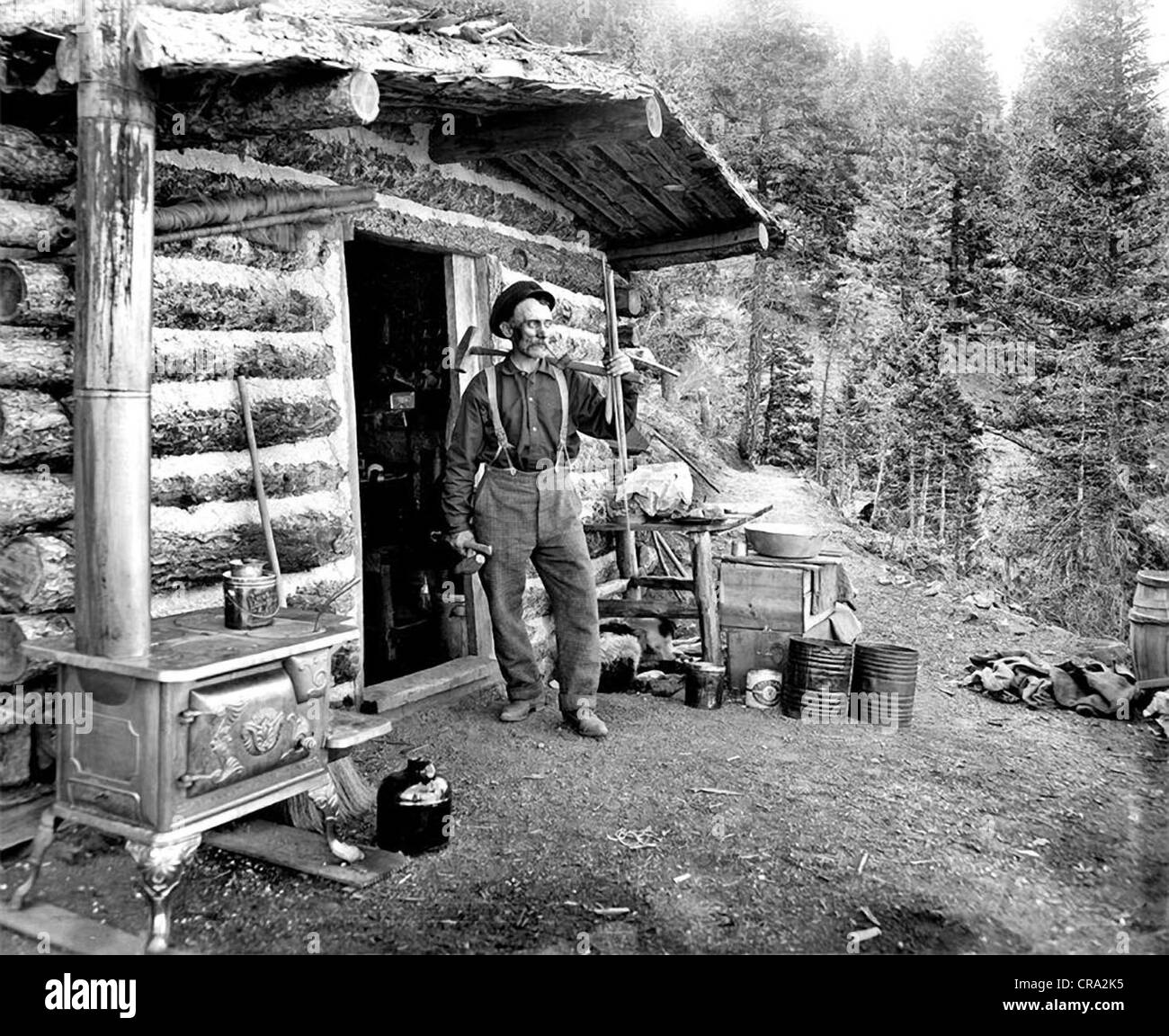 Older Working Man in front of Log Cabin Stock Photo