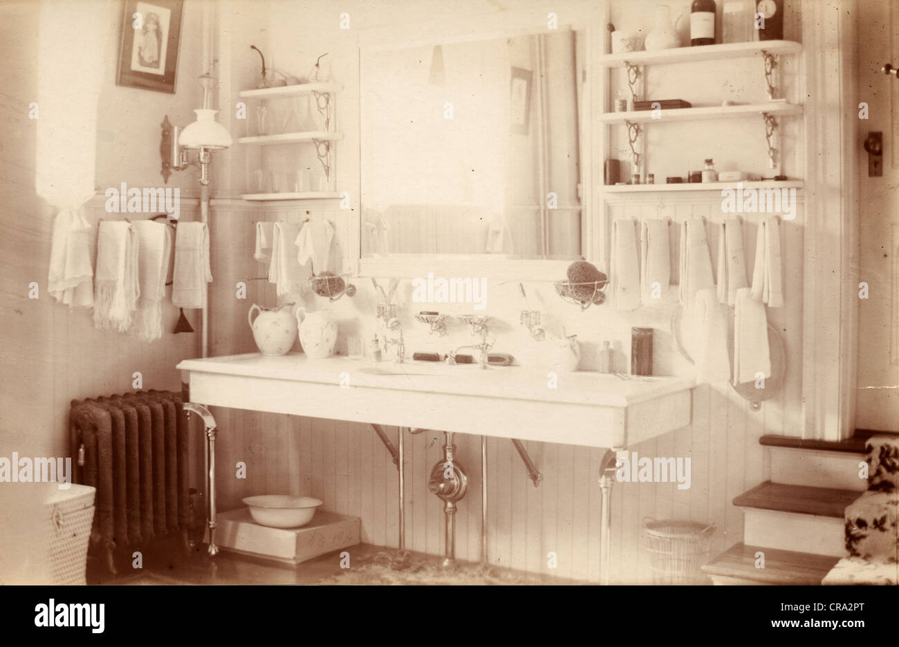 All White Bathroom circa 1910 Stock Photo