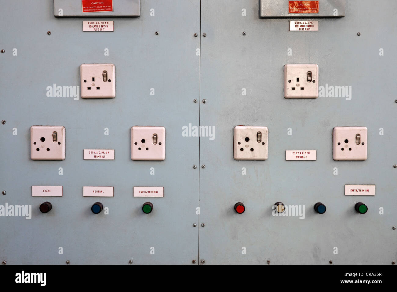 Control panel of 13 amp switches and buttons Stock Photo Alamy