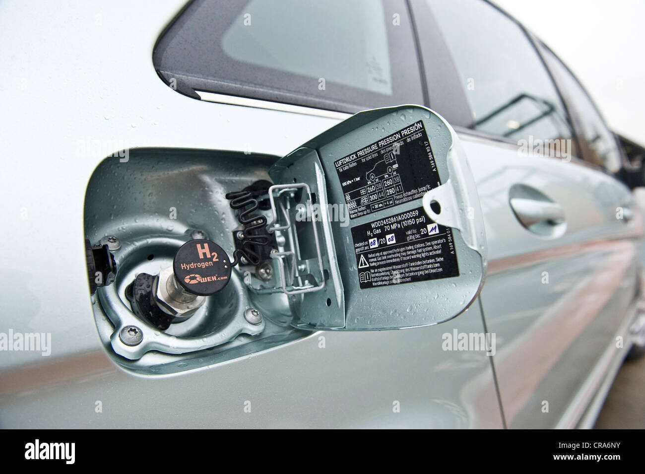 Hydrogen fuel cell vehicle, Mercedes B-class zero-emission, tank filler for hydrogen, Berlin, Germany, Europe Stock Photo