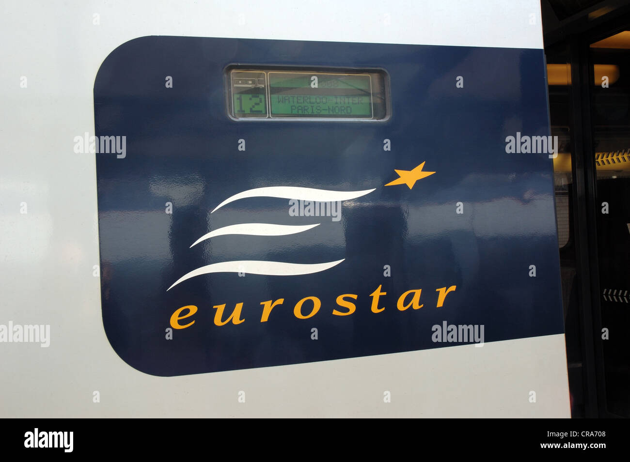 Carriage door of Eurostar train at Waterloo, London, bound for Paris-Nord. Stock Photo