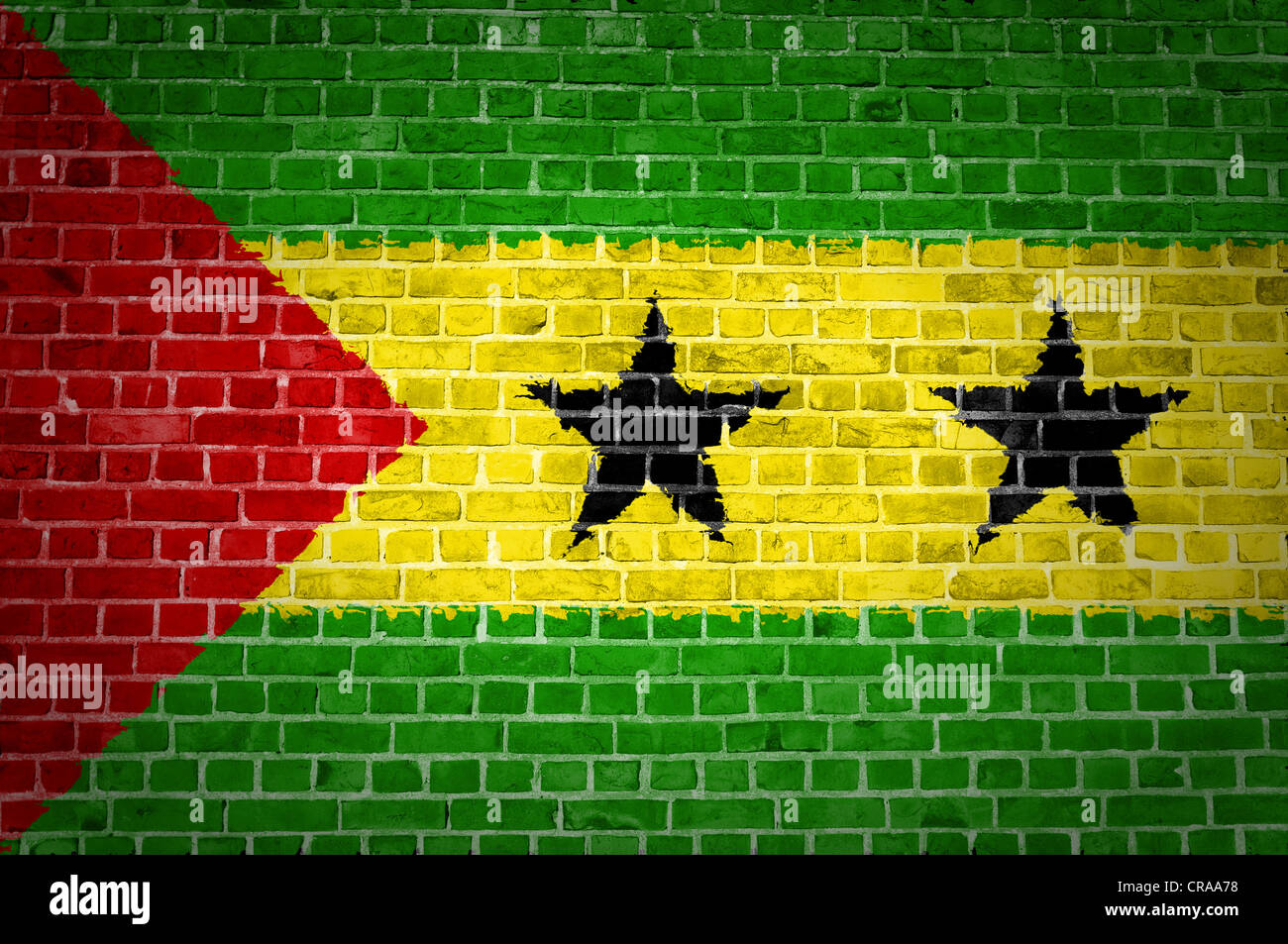 An image of the Sao Tome and Principe flag painted on a brick wall in an urban location Stock Photo