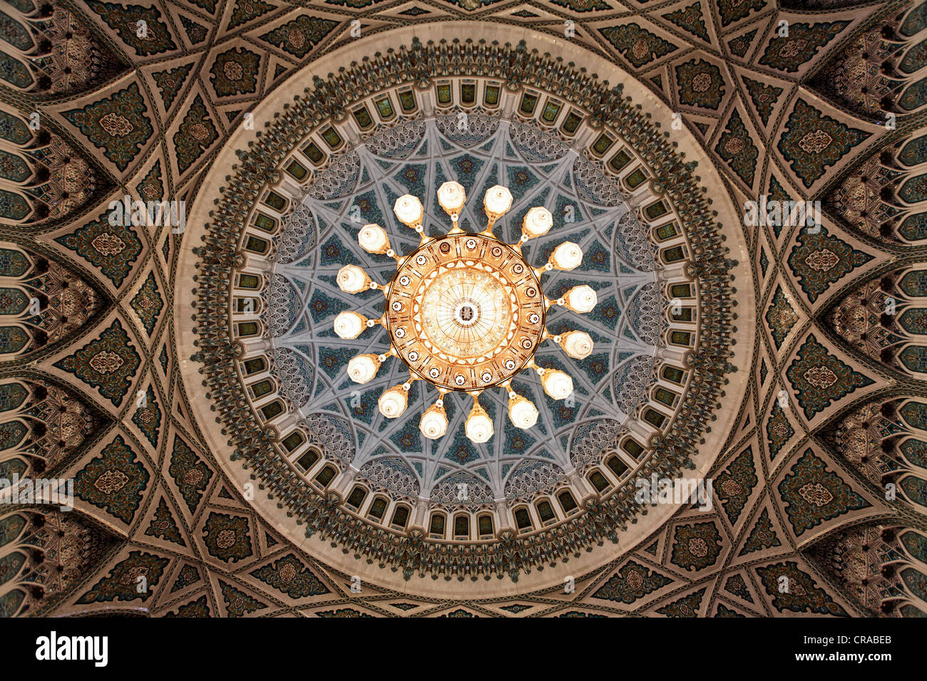 Swarowski chandelier, weight eight tons, width eight meters, height 15 meters, dome, ornaments, prayer hall men Stock Photo
