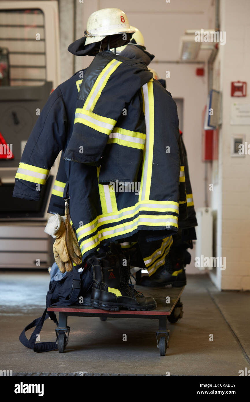 Protective firefighters clothing with helmet, ready for putting on Stock Photo