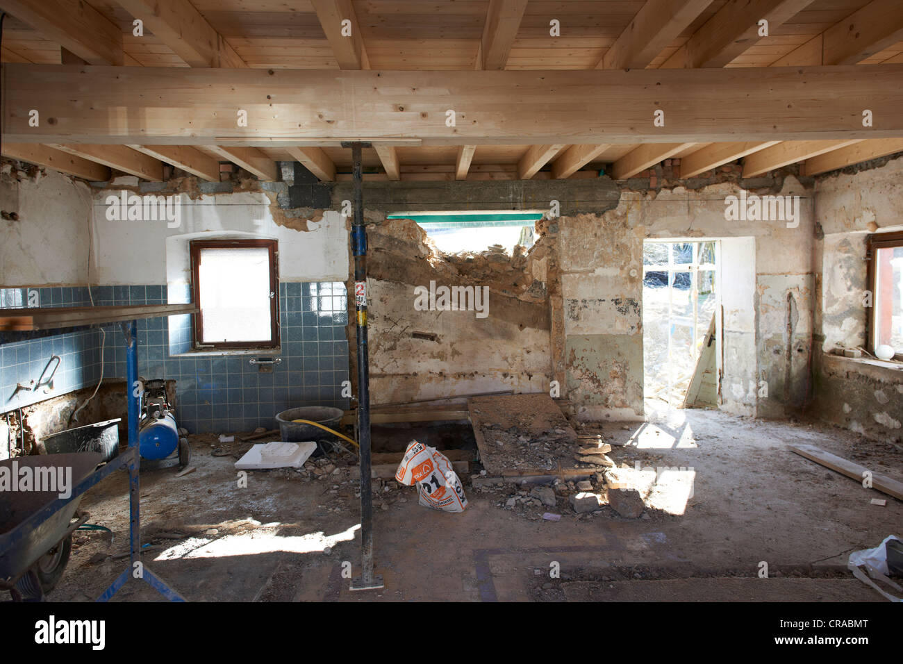 Old farmhouse with a new wooden ceiling Stock Photo