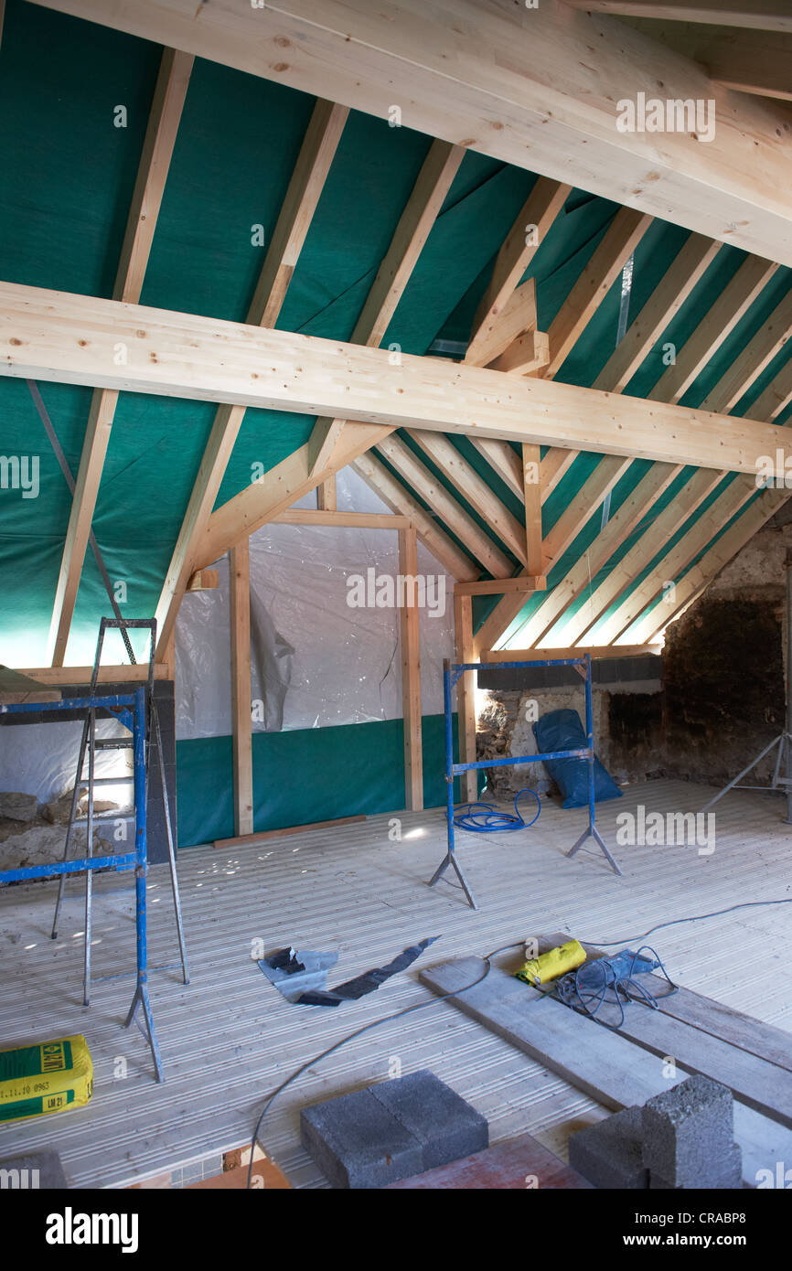 Old farmhouse with a new roof structure Stock Photo