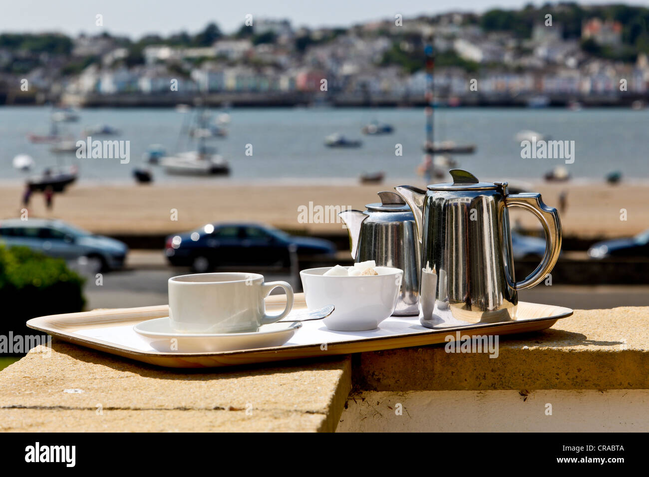 A traditional British or English tea set with a seaside setting Stock Photo