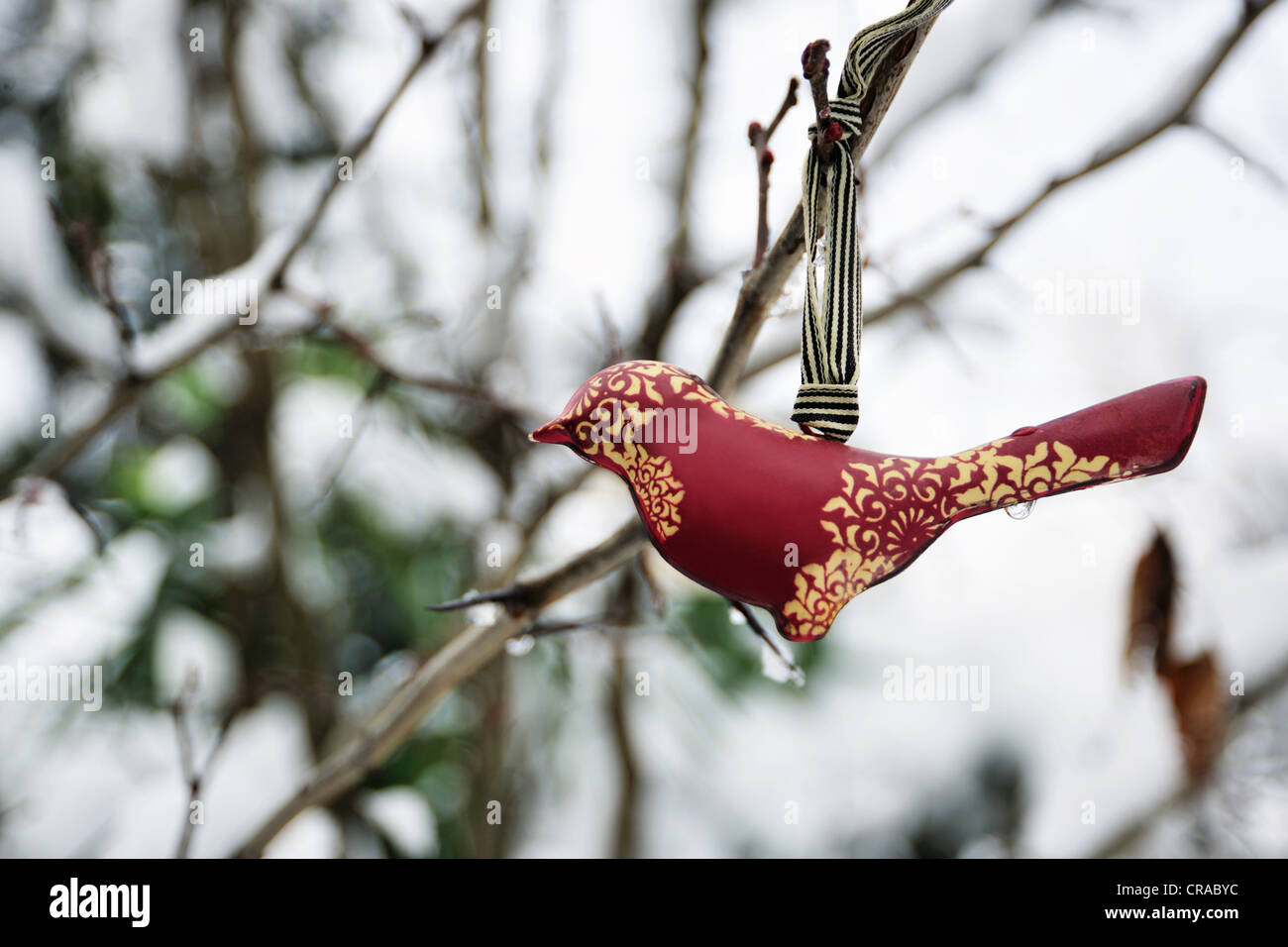 Close up of decorative bird in tree Stock Photo