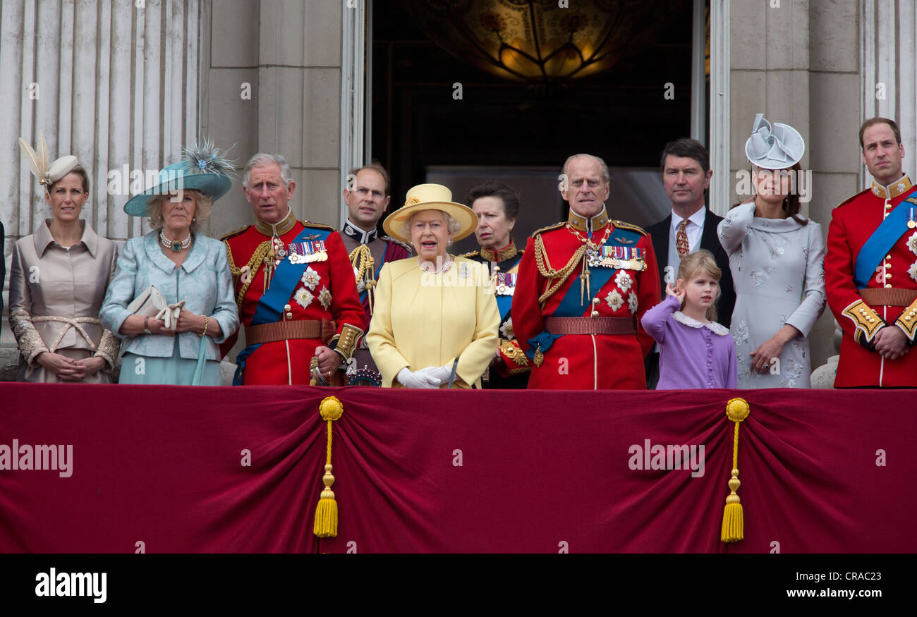 Queen Elizabeth II and members of the royal family gather at Buckingham Palace for Trooping the Colours Stock Photo