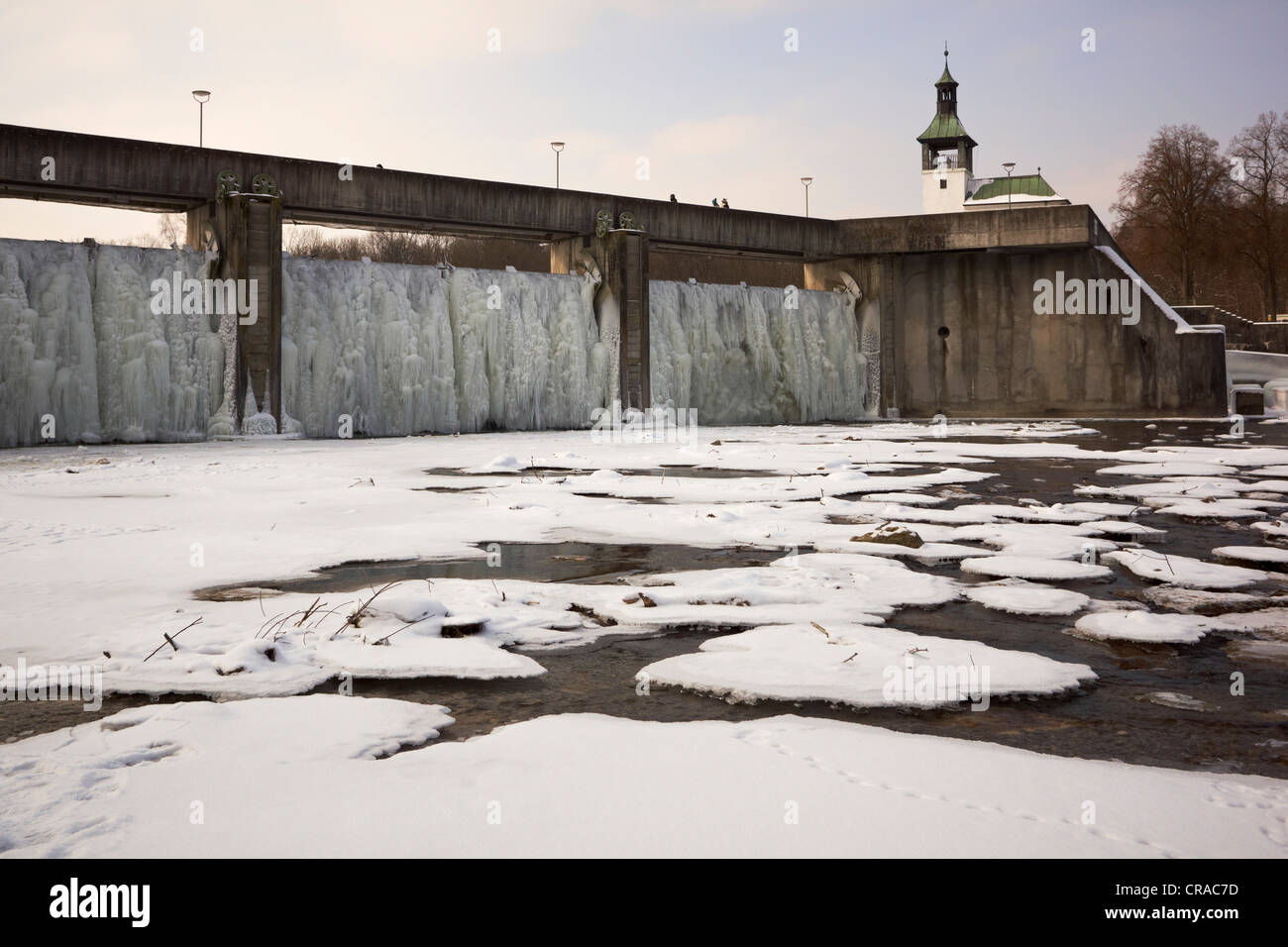 Hochablass weir in winter, Augsburg, Swabia, Bavaria, Germany, Europe Stock Photo