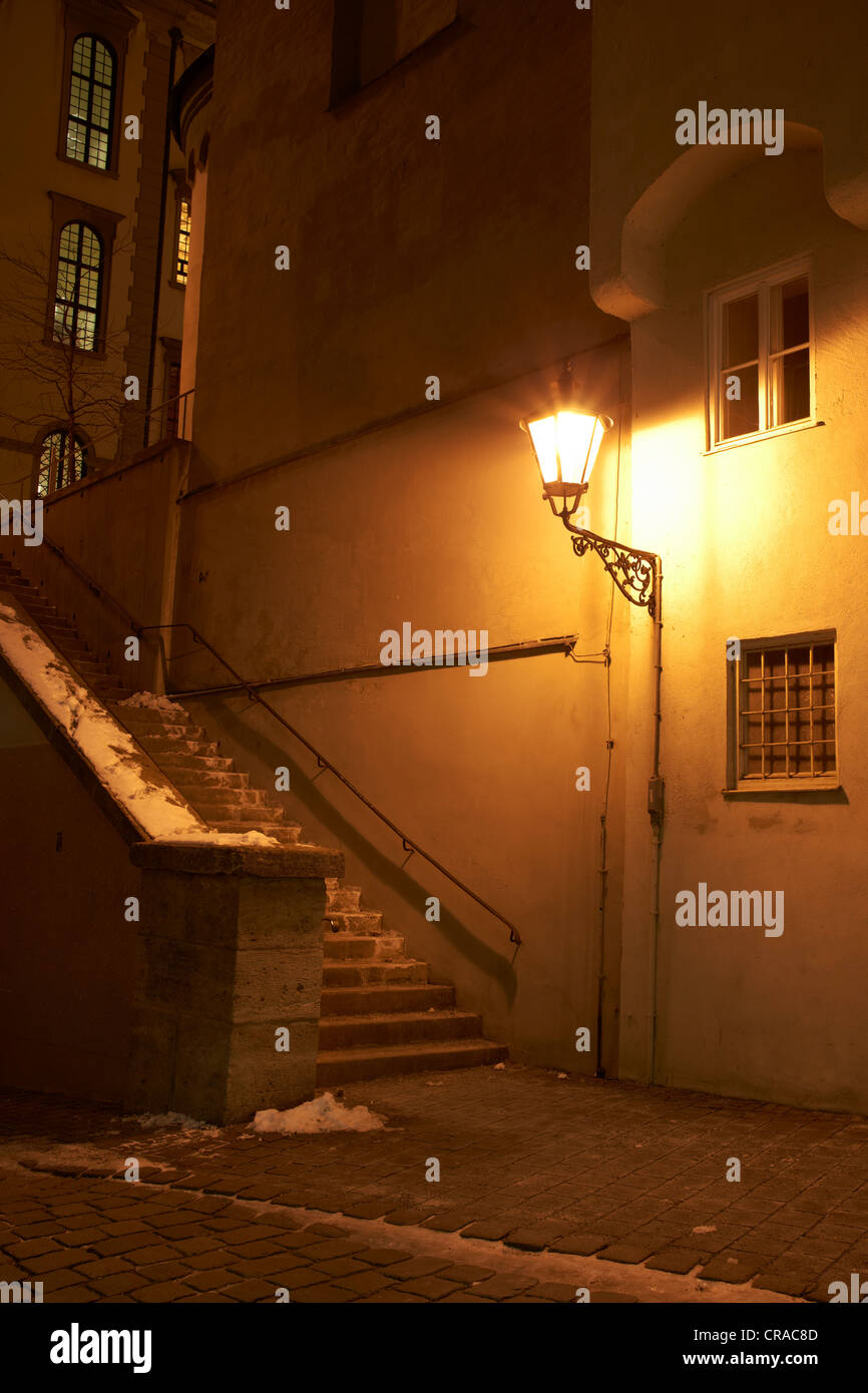 Staircase behind the Perlachturm tower at night, Augsburg, Swabia, Bavaria, Germany, Europe Stock Photo