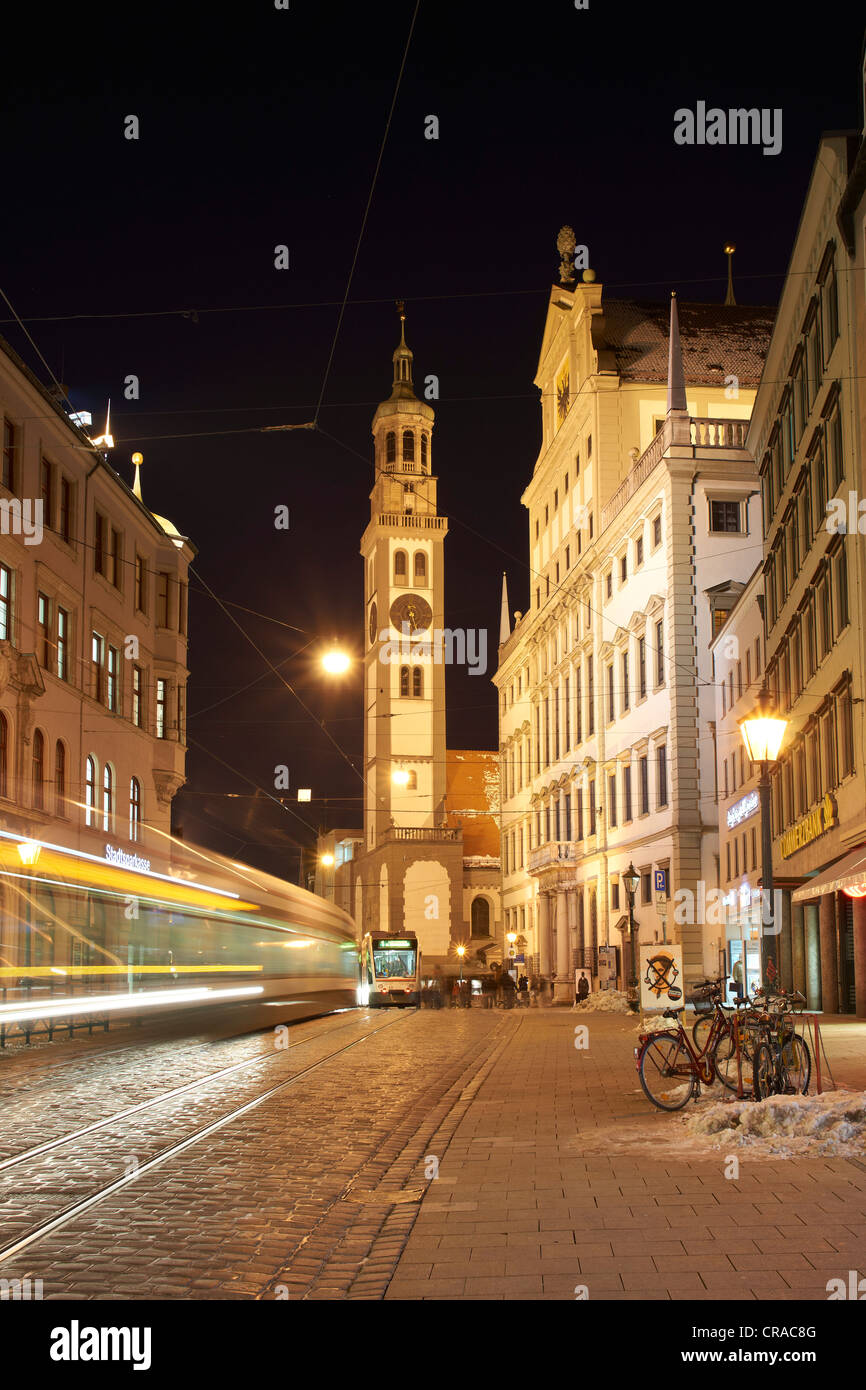 Perlachturm tower with the town hall and a tram at night, Augsburg, Swabia, Bavaria, Germany, Europe Stock Photo