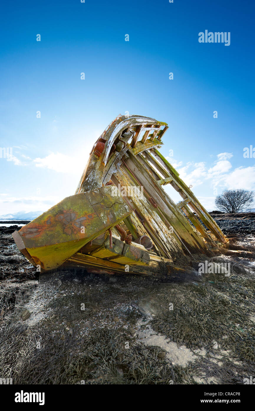 Old ship wreck lying tilted on a shore at low tide Stock Photo