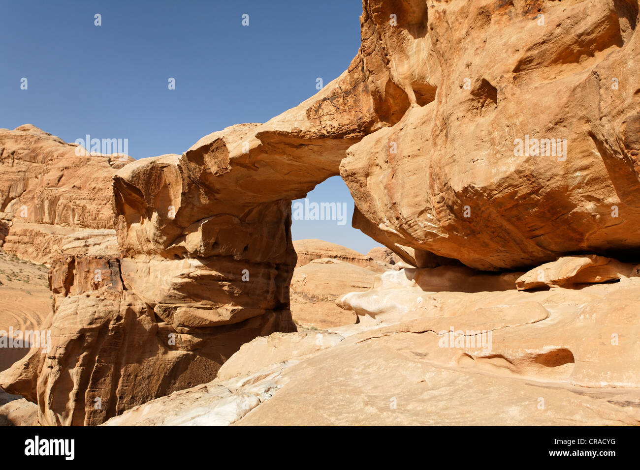 Rock Bridge of Um Fruth, desert, Wadi Rum, Hashemite Kingdom of Jordan, Middle East, Asia Stock Photo