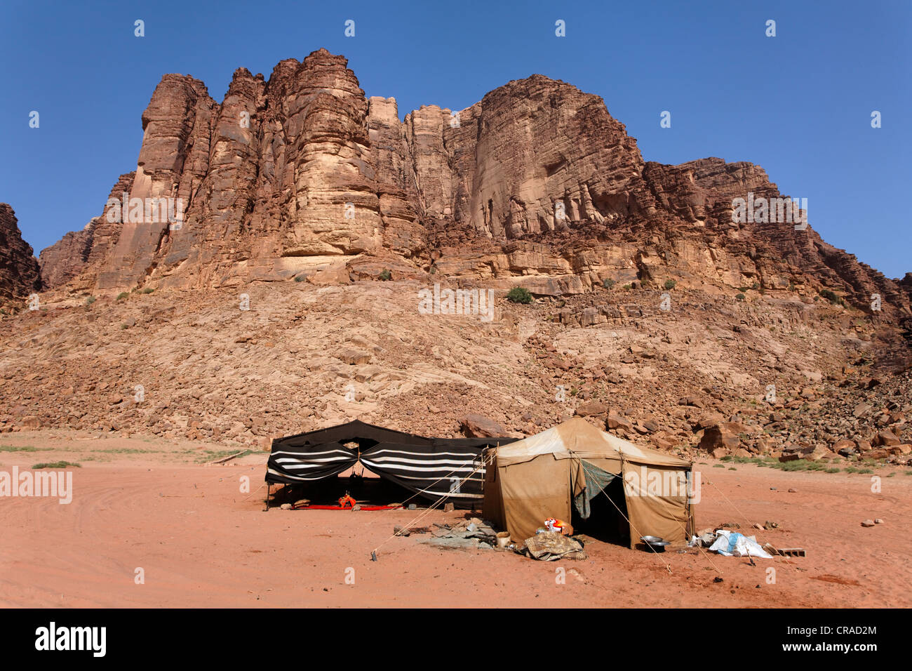 Mountain with Lawrence's Spring, Bedouin camp, Lawrence of Arabia, desert, Wadi Rum, Hashemite Kingdom of Jordan, Middle East Stock Photo