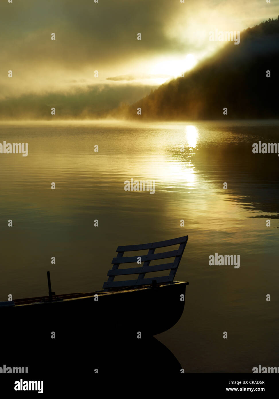 Sunrise at Walchensee Lake with fog, Einsiedl, Bavaria, Germany, Europe Stock Photo