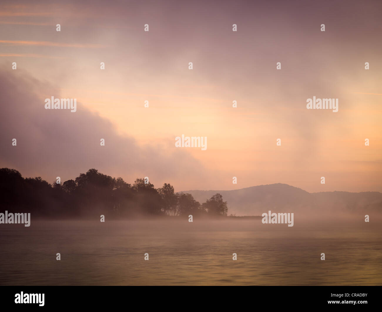 Sunrise at Woerthsee lake with fog, Bavaria, Germany, Europe Stock Photo