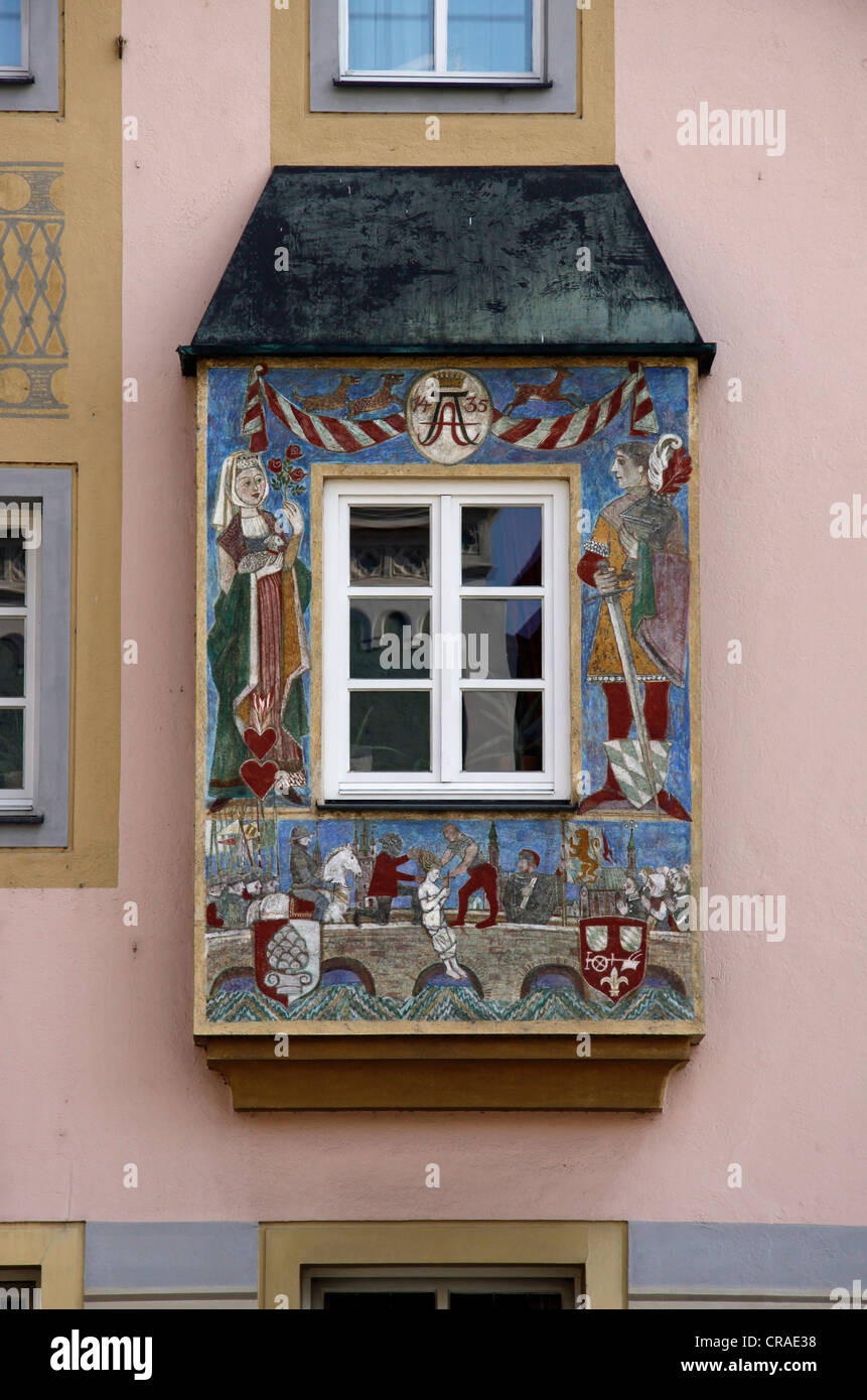 Depiction of the story of Agnes Bernauer on a facade, Straubing, Bavaria, Germany, Europe Stock Photo