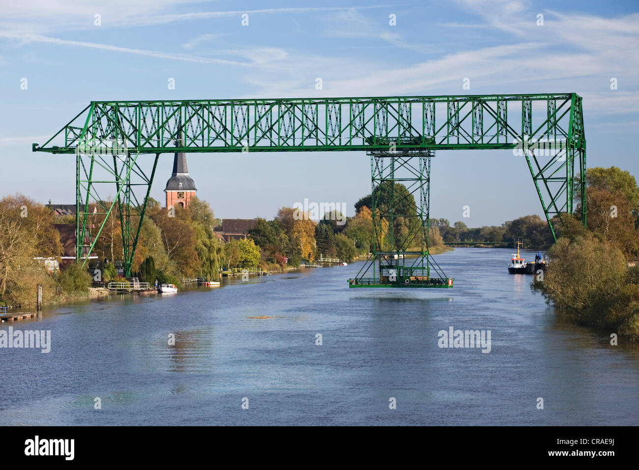 Transporter bridge over the Oste River between Osten and Hemmoor, Lower Saxony, Germany, Europe Stock Photo