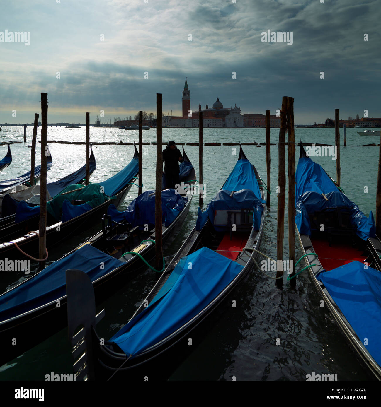 View over gondolas towards San Giorgro Maggiore in the morning, Venice, Veneto, Italy, Europe Stock Photo