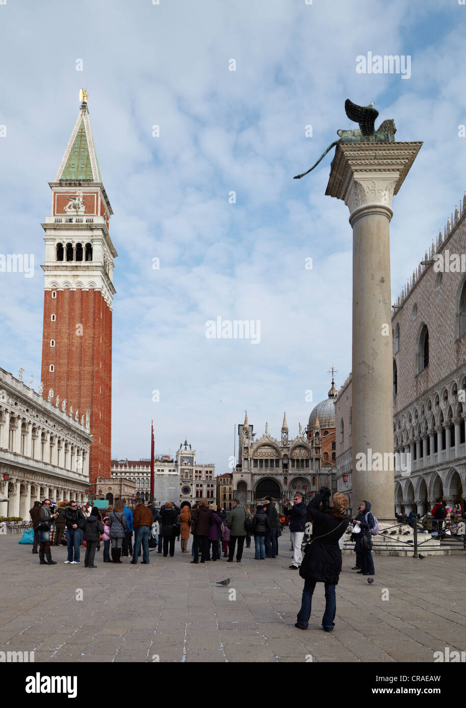 St. Mark's Square or Piazza San Marco, Campanile and the Column of the Lion of St. Mark, Venice, Veneto, Italy, Europe Stock Photo