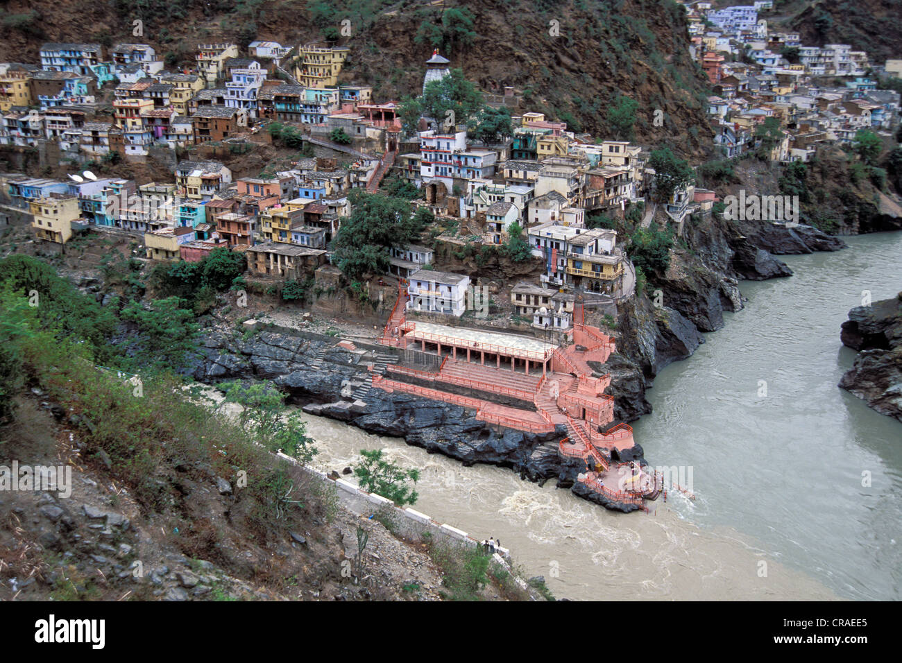 Confluence of the Alaknanda and Mandakini rivers, Rudraprayag, Uttarakhand, formerly Uttaranchal, Indian Himalayas, North India Stock Photo