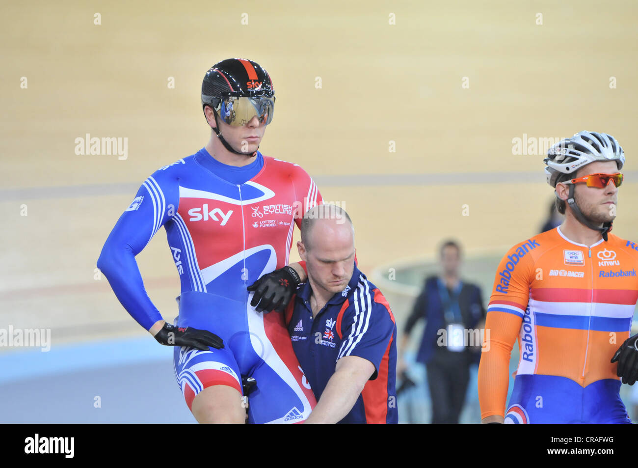 Sir Chris Hoy MBE at the start of the Men's sprint at the UCI Track Cycling World Cup, London 2012 Velodrome. LOCOG Test-Event. Stock Photo