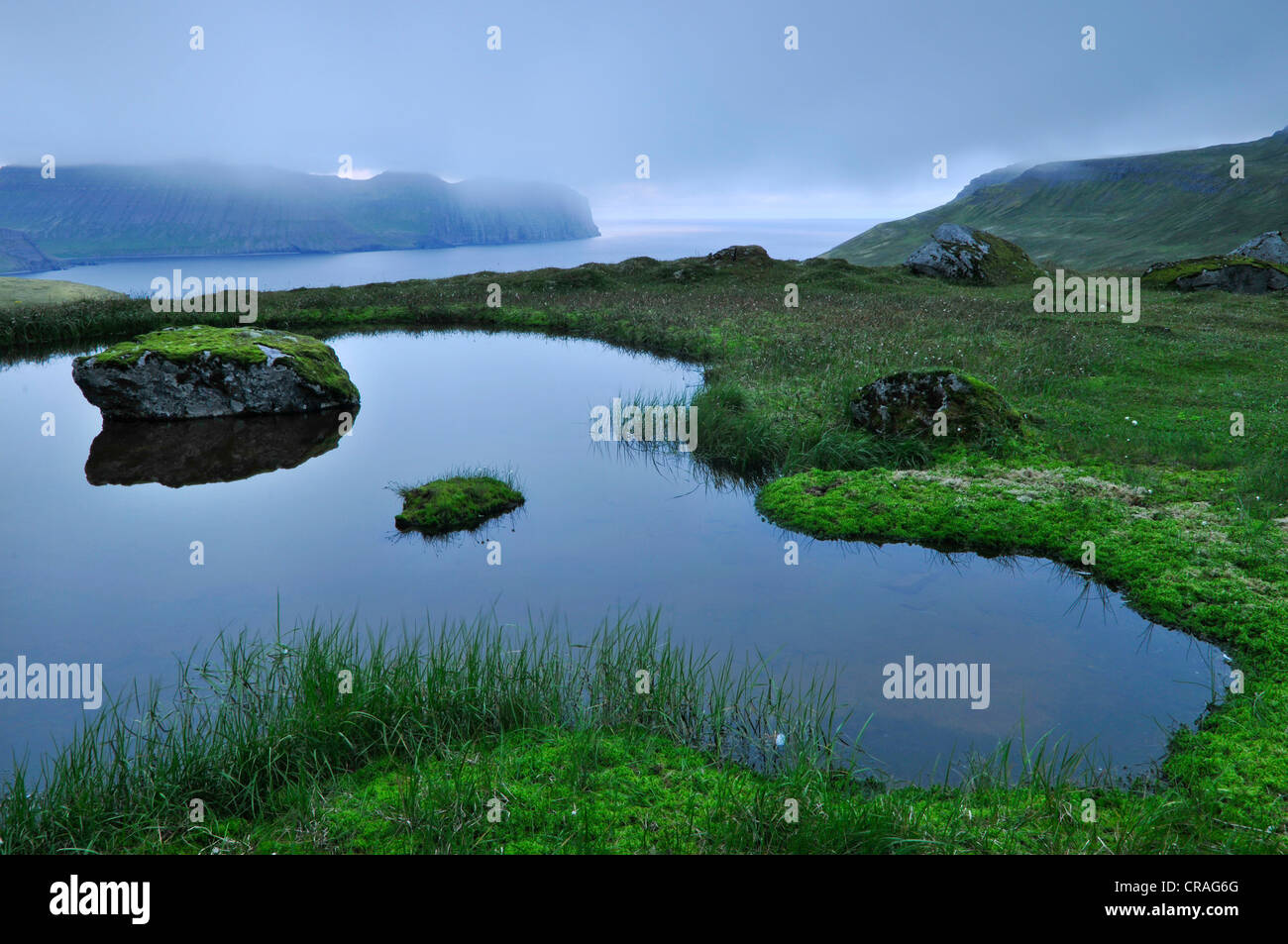Small lake, nocturnal mood, Hornbjarg, Hornvík or Hornvik bay, Hornstrandir, Westfjords, Iceland, Europe Stock Photo