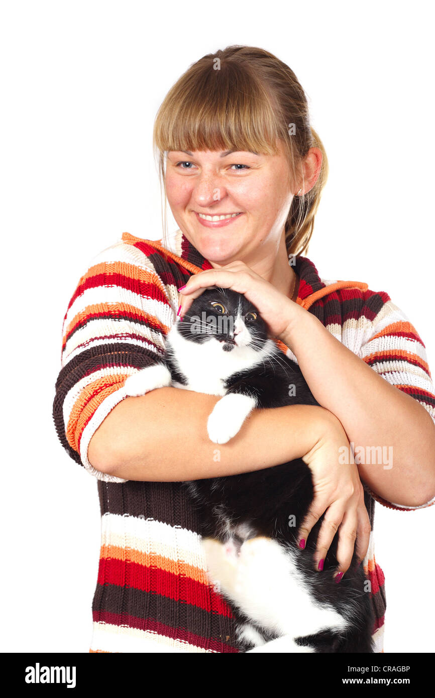 girl with the cat, photo on the white background Stock Photo Alamy