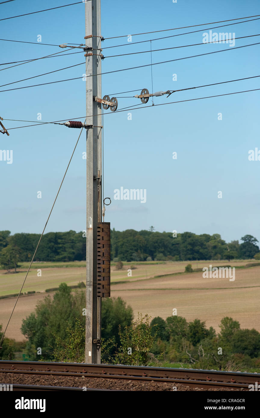 Close up of weights being used to tension overhead power cables on an  English railway Stock Photo - Alamy