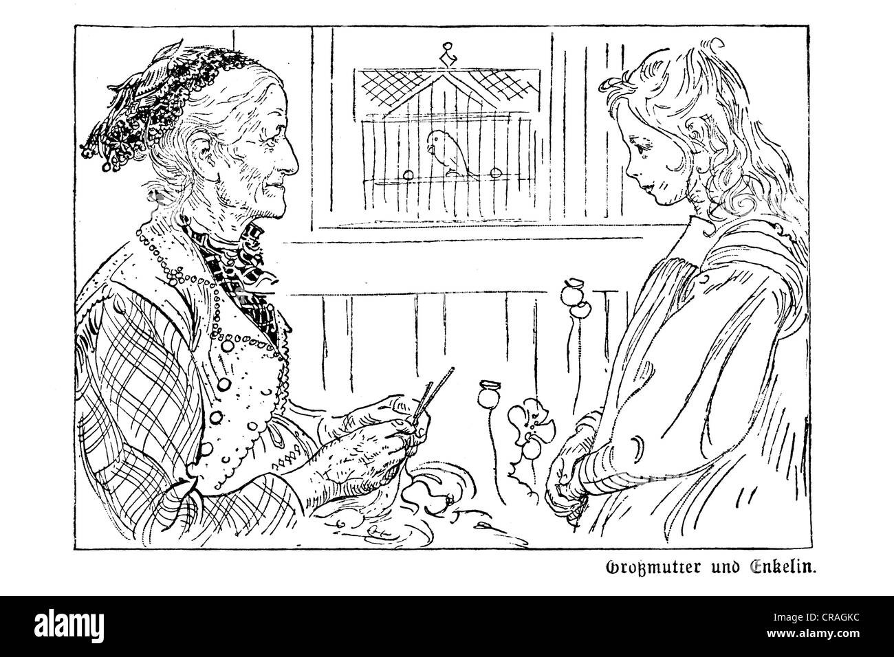 Grandmother and granddaughter, illustration in The House in the Sun by Carl Larsson, 1917 Stock Photo