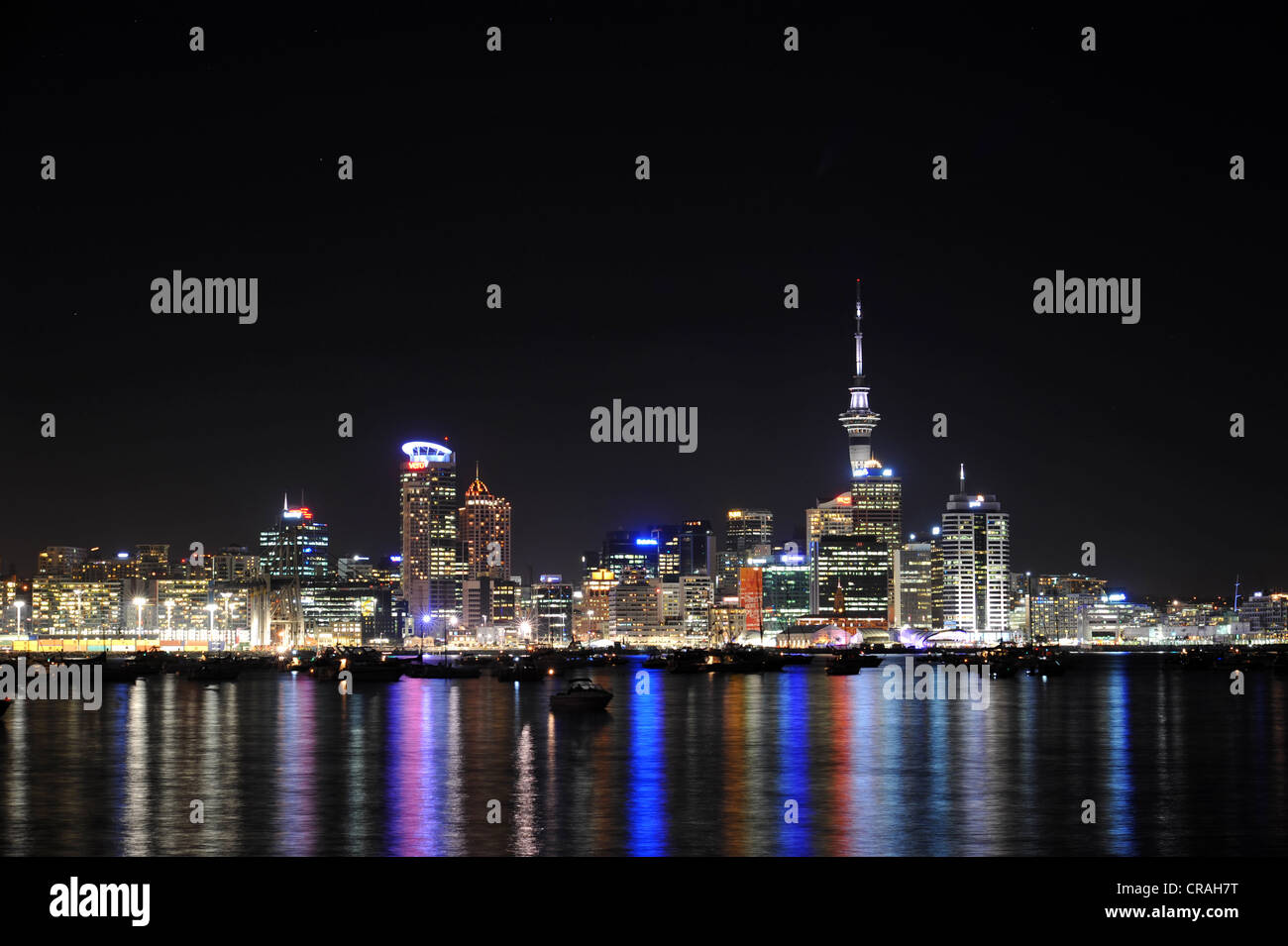 Skyline of Auckland at night, seen from Bayswater, North Island, New Zealand Stock Photo