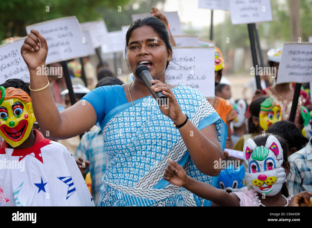 Woman speaking at rally against child labour, Karur, Tamil Nadu, Indian, Asia Stock Photo